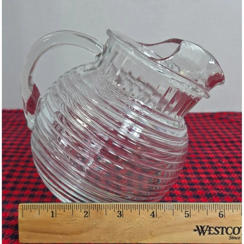 Vintage Anchor Hocking Manhattan Pattern Clear Glass Tilted Ball Pitcher 40 oz